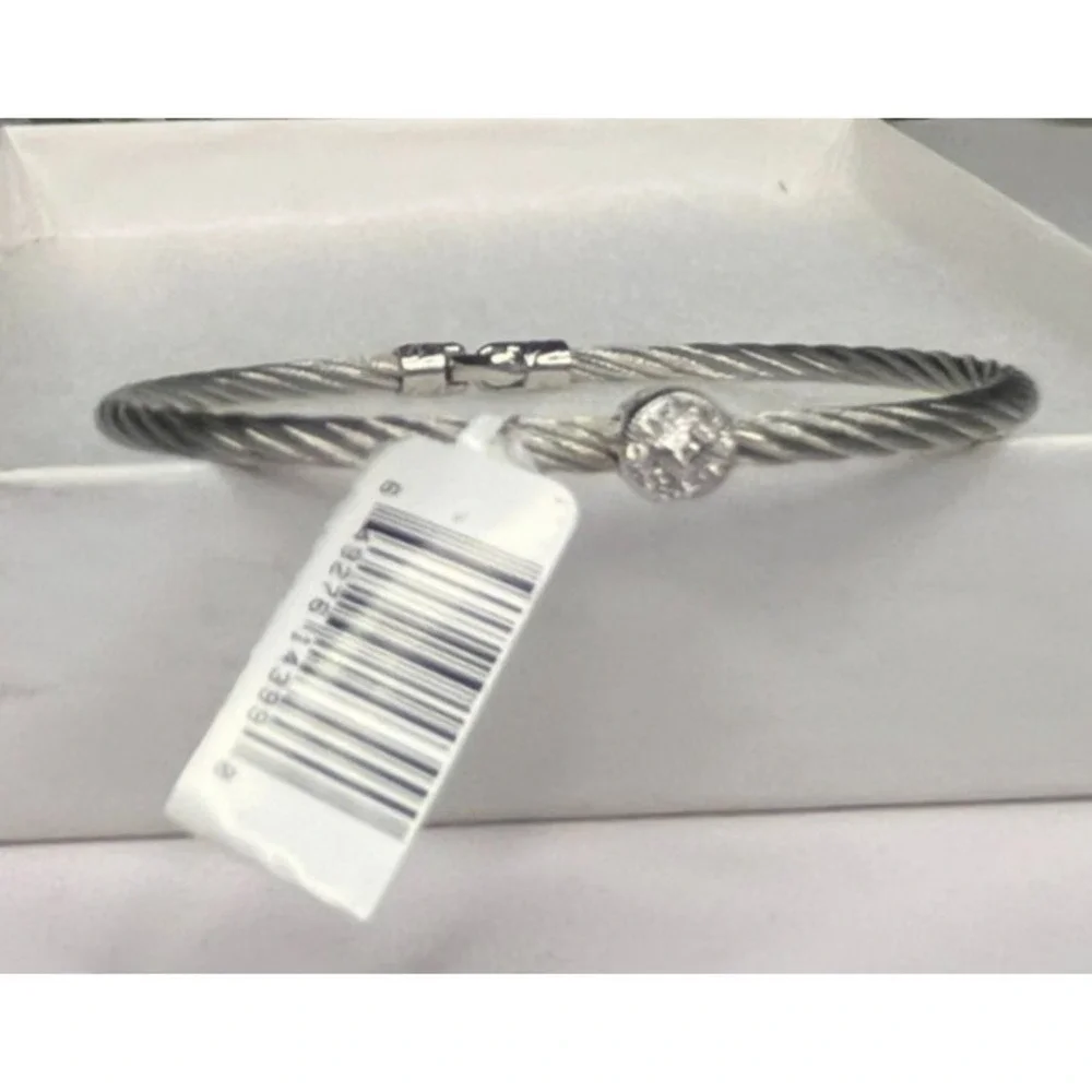 CHARRIOL 18K White Gold 0.05ct Diamond Stainless Steel  Wire Cable Bracelet Sz 7